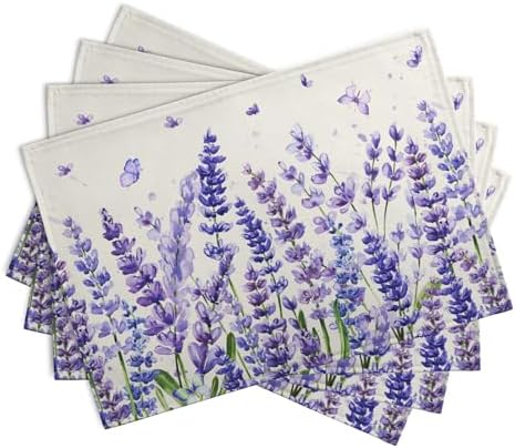 Lavender Placemats Set of 4 Purple Flower Butterfly Linen Fabric Table Mats Seasonal Spring Summer Rustic Floral Placemat Farmhouse Decorative Washable Place Mats for Home Kitchen Dining Table