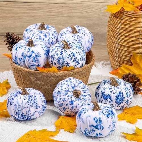 GnFlus Fake Pumpkin Decor 8 Pcs Faux Pumpkins Small Blue and White Velvet Pumpkins Mini Artificial Pumpkin Fall Decorations for Home Table Farmhouse Mantel Halloween Thanksgiving