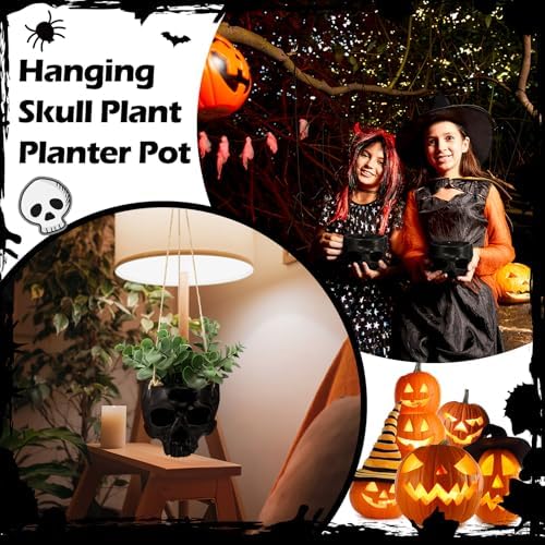 2 Pack Halloween Hanging Skull Planter with Rope