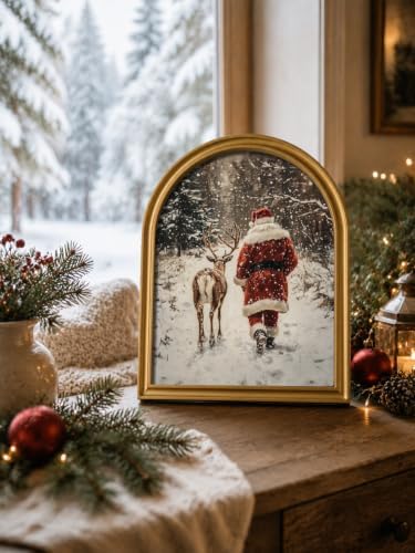 TwoDays Vintage Christmas Santa 11" x 13.8" Gold Arched Framed Wall Art