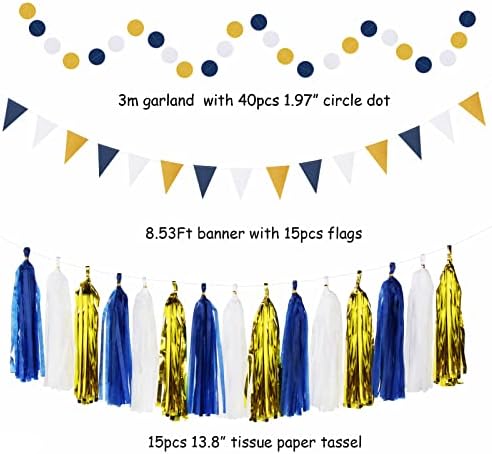 Navy-Blue White-Gold Graduation Party-Decorations - 33pcs Kits Banner, Streamers Tassel Garland,Tissue Pom Poms Honeycomb, Paper Lantern Fans,Wedding Birthday Baby Shower Backdrop Ceiling Decor Hugtmr