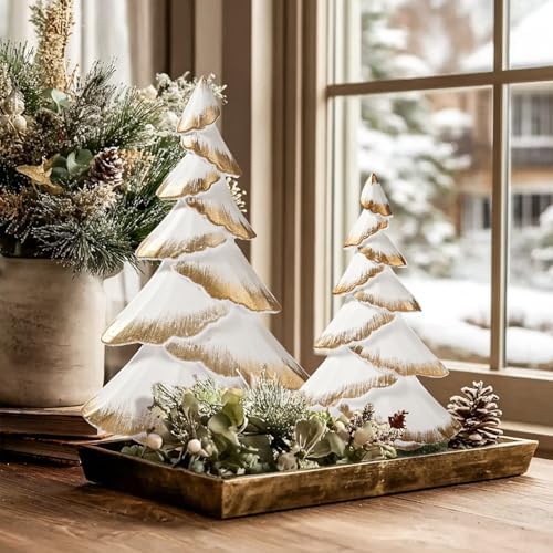 RM ROOMERS Christmas Tree Figurines Wood, 2PCS White & Gold Tabletop Trees