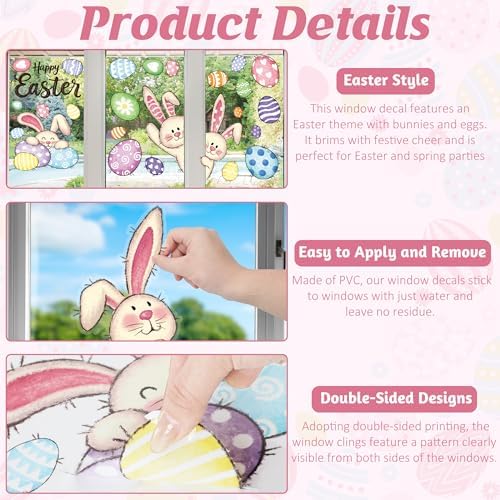 37 PCS Easter Decor, 4 Sheets Easter Window Clings, 9.84 x 13.78 Inch Spring Decorations with Bunnies Eggs Designs, Double-Sided Bunny Stickers for Window Glass Home Office Spring Party Decor