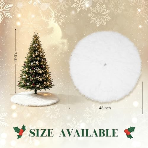 Christmas Tree Skirt White, 48 Inch Soft Faux Fur Xmas Tree Skirts, Large Luxury Velvet Plush Christmas Trees Decoration, White Ornaments for Christmas Holiday Party Indoor Party Home Decor