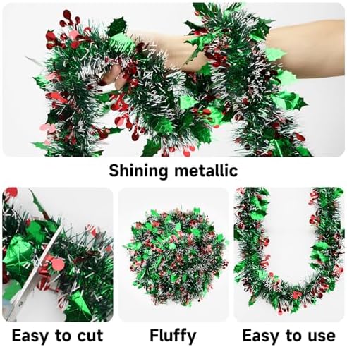 KINGLAKE Christmas Red and Green Tinsel Garland 33 Ft