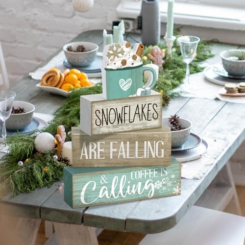 Moucuny 4 Pcs Wooden Block Signs Farmhouse Table Decor Winter Coffee Cup