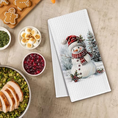Red Plaid Christmas Snowman Kitchen Towels, Winter Christmas Dish Towels Drying Cloth for Kitchen, Retro Xmas Tree Santa Snowman Decorative Hand Towel for Bathroom, 16x24 Inch