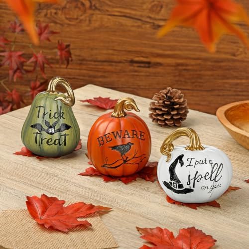 DILATATA Fall Pumpkins Decoration 3Pcs Resin Pumpkins Thanksgiving Fake Pumpkin Figurines Small Carved Pumpkin for Home Harvest Halloween Thanksgiving Rustic Farmhouse Table Centerpiece Shelf Mantel