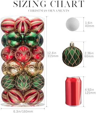 JORNOY Christmas Balls Ornaments, 30ct Shatterproof Xmas Tree Decorations, Hanging Bulbs Baubles Set with String for Holiday Home Party Decor, 2.36 inch/60mm, Red & Green & Gold