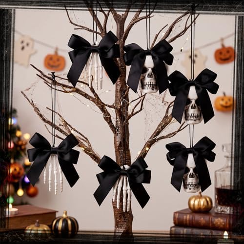 Poen 24 Pcs Halloween Tree Ornament Horror Black Bow Skull Skeleton Decor