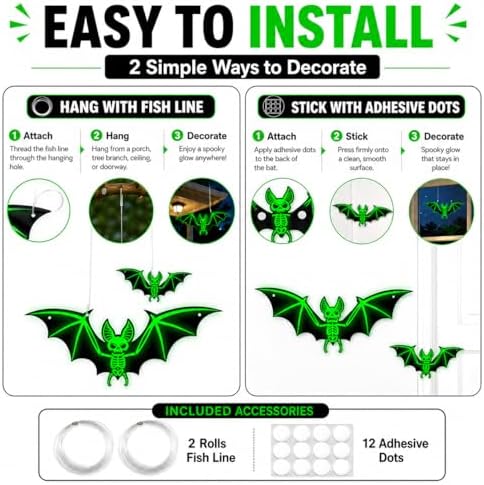 10PCS Glow in The Dark Halloween Bats, Upgraded Luminous PVC Hanging Bat Decorations, Waterproof Spooky Bat Wall Stickers for Indoor Outdoor Yard Porch Tree Window Halloween Decor