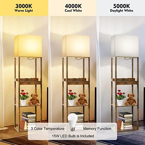 RUNTOP Floor Lamp with Shelves, Plus Shelf Lamp with Wireless Charger, 2 USB Port and Outlet, 1 Drawer, 15W LED Bulb, 3