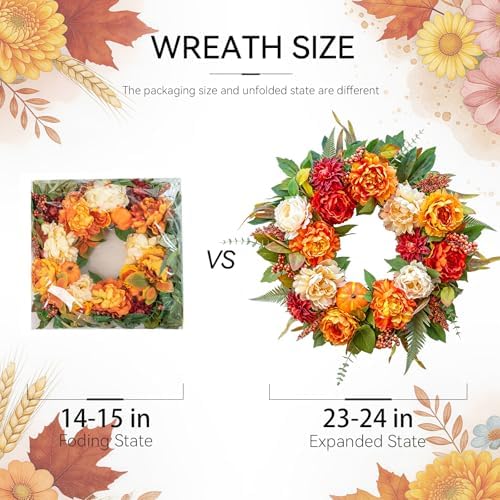 24 InchFall Wreaths for Front Door Autumn Wreath with Peony, Pumpkins