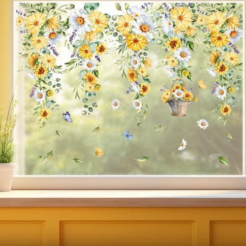 Whaline 9 Sheets Spring Summer Daisy Floral Window Cling Hanging Yellow White Flower Vine Glass Decals Sunflower Eucalyptus Reusable Window Decoration for Party Home Office Classroom