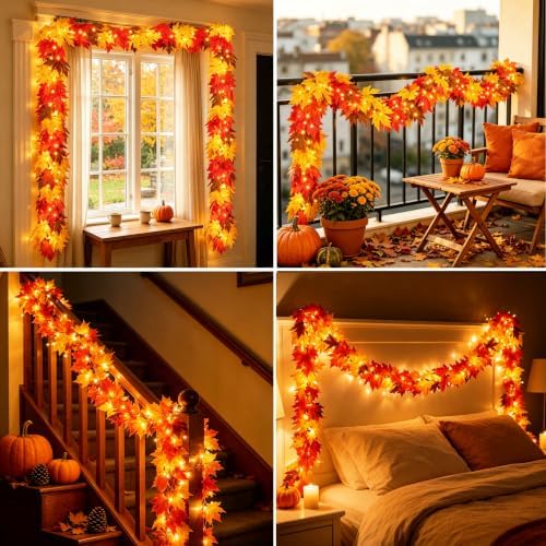 Fall Decor Fall Garland with Lights 9Ft Large Leaves Halloween Decorations