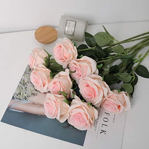 10pcs Light Pink Roses Artificial Flowers, Realistic Faux Rose with Stem