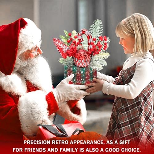 Small Christmas Tree Tabletop Artificial Mini Christmas Tree Decorations with Holiday Ornaments Red Berry Pine Cone Greenery for Home Indoor Fireplace Mantel Xmas Decor (Large-Square-Red)