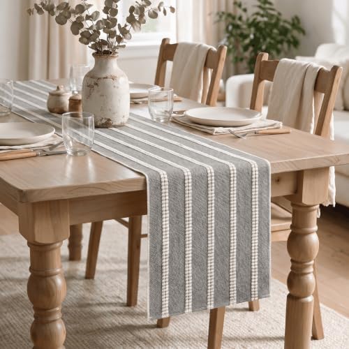 Artoid Mode Grey Farmhouse Dashed Stripe Table Runner, Seasonal Holiday Boho Rustic Kitchen Dining Table Decoration for Home Party Decor 12x72 Inch