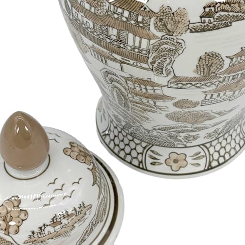 Galt International Brown & White Floral Chinoiserie Ceramic Temple Jar 18" w/Lid - Ginger Jar Home & Kitchen Decor for