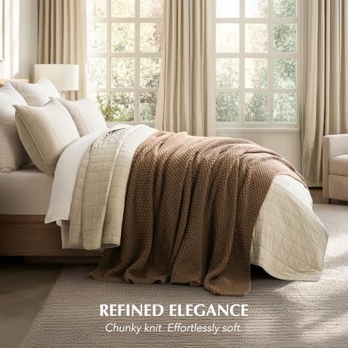 EVERGRACEHOME Chunky Chenille Knit Throw Blanket, 108x92, Camel Brown