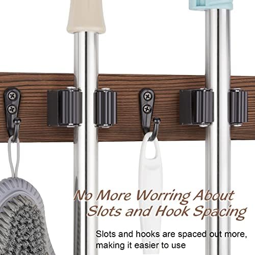 OUTNILI Mop Broom Holder Wall Mount with 3 Slots & 4 Hooks - Wood Broom Mop Hanger for Pantry Kitchen Organization
