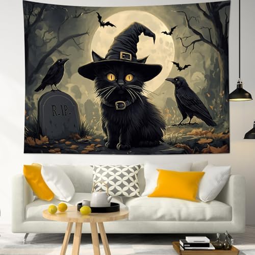 LB Halloween Black Cat Tapestry, Night Forest Full Moon and Black Crow Scary Halloween Wall Tapestry for Bedroom, Spooky Gothic Wall Art for Living Room Dorm Home Decor Ready to Hanging, 80 x 60 Inches
