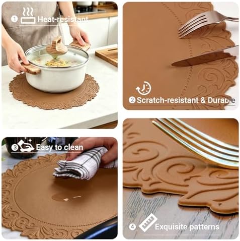 Round Faux Leather Placemats Set of 4, Dining Table Mats, Umber Brown