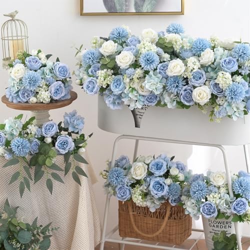8 Pcs Mixed Artificial Peony Flowers Set-4 Bouquets & 4 Stems, Blue Fake Peony Rose Hydrangea Flowers for Vase Silk Floral Arrangements for Table Centerpiece Wedding Party Bridal Decoration Home Decor