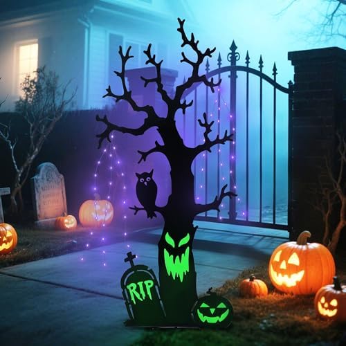 Solar Halloween Yard Decorations, 43 Inch Outdoor LED Solar Powered Haunted Tree Stakes Halloween Outdoor Decorations, Metal Spooky Tree Garden Stakes Lawn Yard Ornament