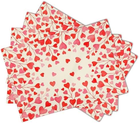 Valentines Day Placemats Set of 4 18x12 Inch Red and Pink Heart Linen Place Mats Heat-Resistant Washable Wipeable Galentines Table Mat for Party Kitchen Dining Dinner Table Home Decor