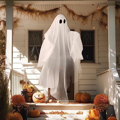 JOYIN Halloween Hanging Light up Ghost, 47" White Ghosts with Purple LED Light and Timer Halloween Hanging Decoration Waterproof for Front Yard Patio LawnGarden Party Decor Indoor Outdoor