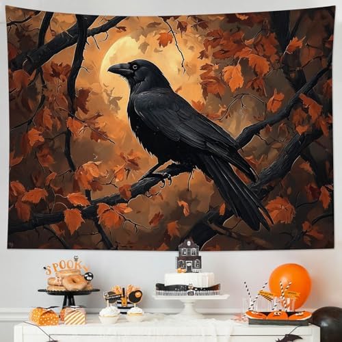 HVEST Fall Halloween Tapestry Wall Hanging Spooky Black Crow on Tree Branch Wall Art Orange Full Moon and Autumn Maple Leaf Tapestry for Bedroom Living Room Dorm Wall Decor, 51L X 59W inches