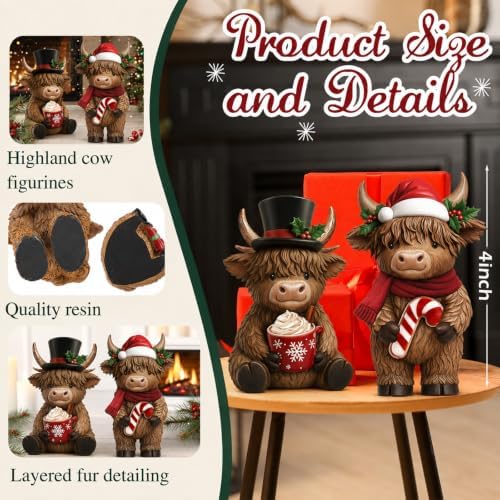 Simgoing 2 Pcs Christmas Highland Cow Figurines Resin Santa Reindeer Cow