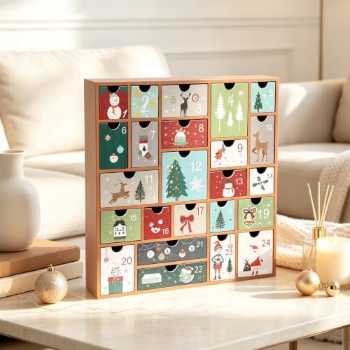 SAND MINE Wooden Christmas Advent Calendar with 24 Drawers, Countdown to Christmas Refillable Wooden Advent, Terracotta