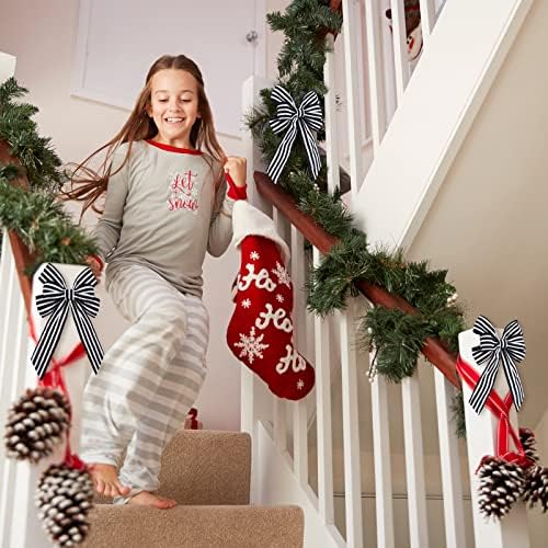 Xinnun 6 Pcs Christmas Burlap Bows Wreath Bows,Striped Style,Black, White