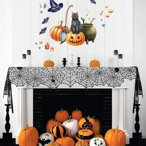 Halloween Table Runner 2pcs Spiderweb Table Runner Black Lace Spider Web Table Runners for Halloween Table Decor Lace Runner for Tables Dinning Tables Centerpiece Kitchen Dining Decoration 18x73 Inch