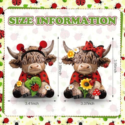 Karenhi 2 Pcs Highland Cow Figurines Resin, Ladybird Tabletop Decor
