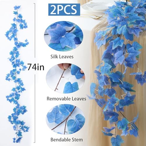 Mizii 2 Strands Artificial Vines Blue Ivy Garland 74" Fake Vine with Silk Leaves Faux Hanging Plants Greenery Decoration for Outdoors Wedding Party Indoor Bedroom Home Wall Room Decor (Blue)