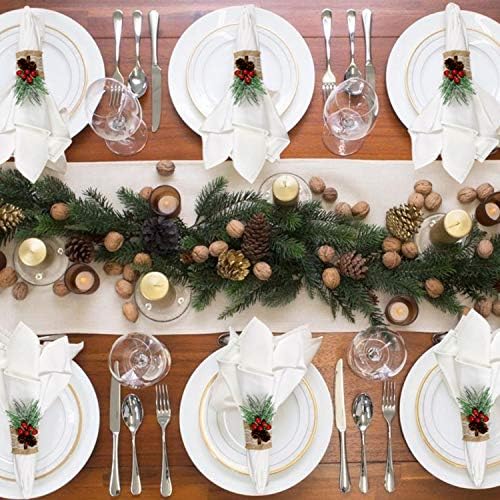 Burlap Napkin Rings Set of 6, Rustic Napkin Rings Handmade by Pinecones and Berries, Napkin Ring for Christmas Wedding Thanksgiving Dinner Table Decor