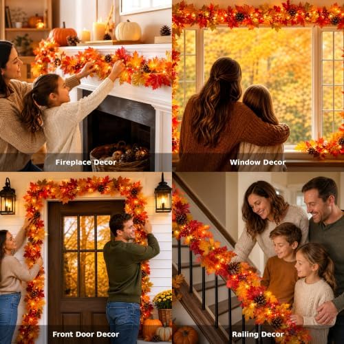 Fall Decorations for Home 9FT Lush Fall Garland with Lights Plug in, 50 Orange Bulbs Fuller and Thicker Fall Leaves