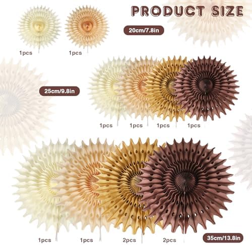 12PCS Paper Fans Brown Neutral Boho Party Decorations Tissue Paper Flowers Decorations for Girl Groovy Birthday Baby Shower Wedding Bachelorette Room Wall Hanging Décor