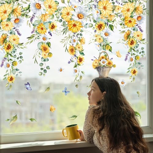 Whaline 9 Sheets Spring Summer Daisy Floral Window Cling Hanging Yellow White Flower Vine Glass Decals Sunflower Eucalyptus Reusable Window Decoration for Party Home Office Classroom
