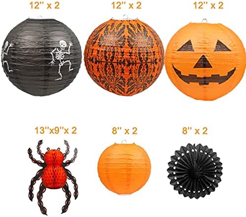 UNIQOOO 12Pcs Halloween Hanging Decorations Paper Lanterns, Jack-O'-Lantern Spider Skeleton Pumpkin for Indoor & Outdoor Spooky Home Decor, Party Supplies Props, 12" & 8" (Orange, Black)