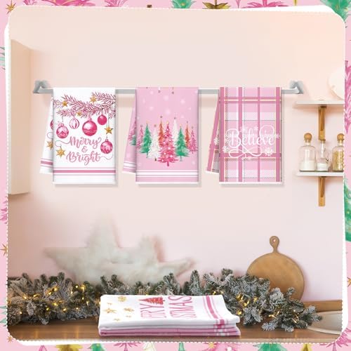 Oudain 6 Pcs Christmas Kitchen Towels Pastel Pink Xmas Tree Tea Dishtowels Decorative Plaid Bathroom Hand Towel Farmhouse Red Green Christmas Decorations for Kitchen Housewarming Home Gifts