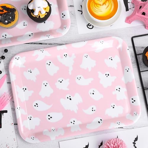 JarThenaAMCS 3Pcs Halloween Serving Trays Pink Ghost Platter Cute Ghost Reusable Serving Dishes for Birthday Baby Shower Party Sharing Snacks Fruit Dessert, 13 x 10 Inch