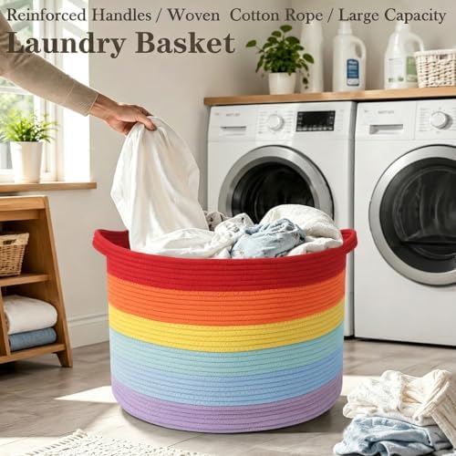 90L Large Blanket Basket,Rope Woven Laundry Basket-Rainbow
