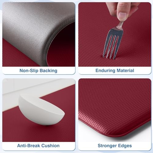 StepRite Kitchen Mats for Floor, 2-Piece Anti-Fatigue Rugs, Burgundy