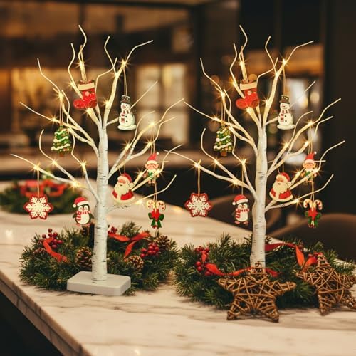EAMBRITE Lighted Birch Tree with Ornaments, 2 Pack Small Christmas Trees