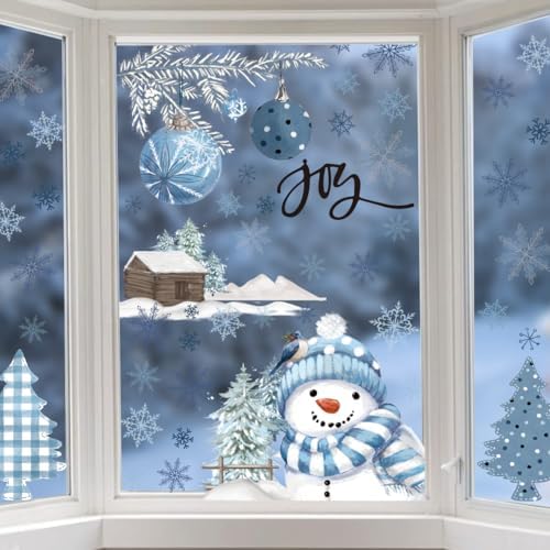 Horaldaily 65 PCS Christmas Window Cling Sticker, Blue Xmas Ball Ornaments Trees Snowman for Home Party Supplies Shop Window Glass Display Decoration