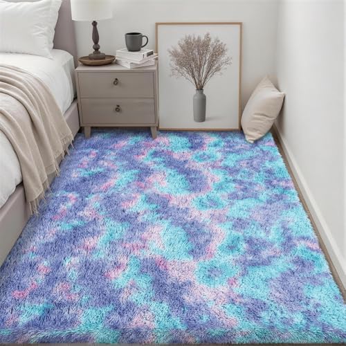 Area Rug Living Room Bedroom: 5x7 Fluffy Plush Shag Carpet Rainbow